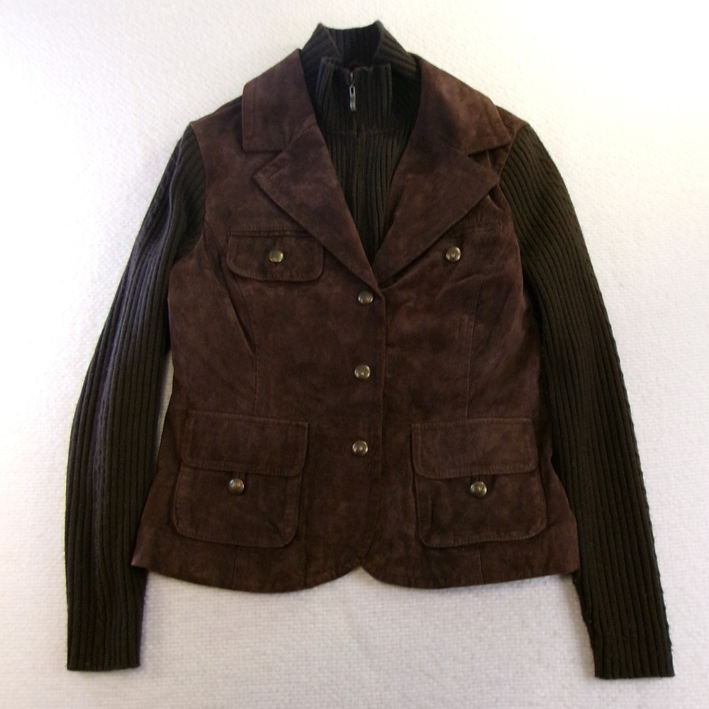 Live A Little Womens M Jacket‎ Brown Suede Knit Sleeve Mixed Media Button Front